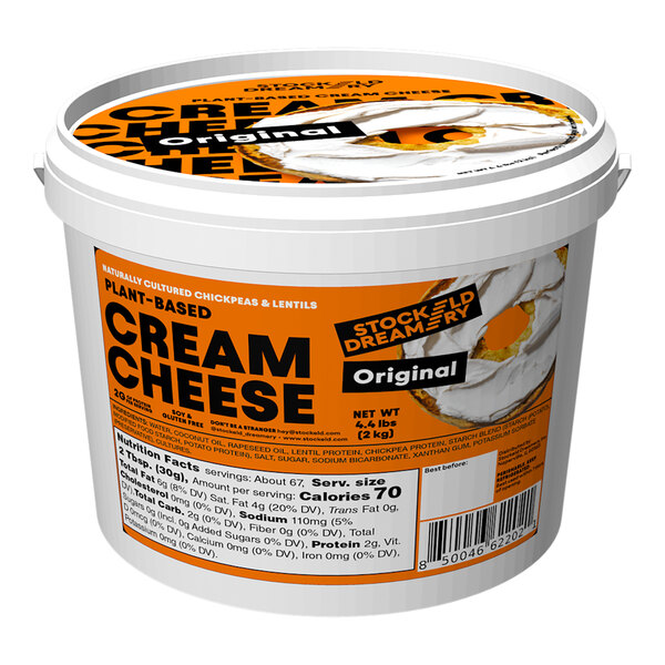 A 4.4 lb tub of Stockeld Dreamery Original plant-based cream cheese made from chickpeas and lentils.