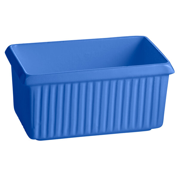 A cobalt blue cast aluminum rectangular server with ridges.