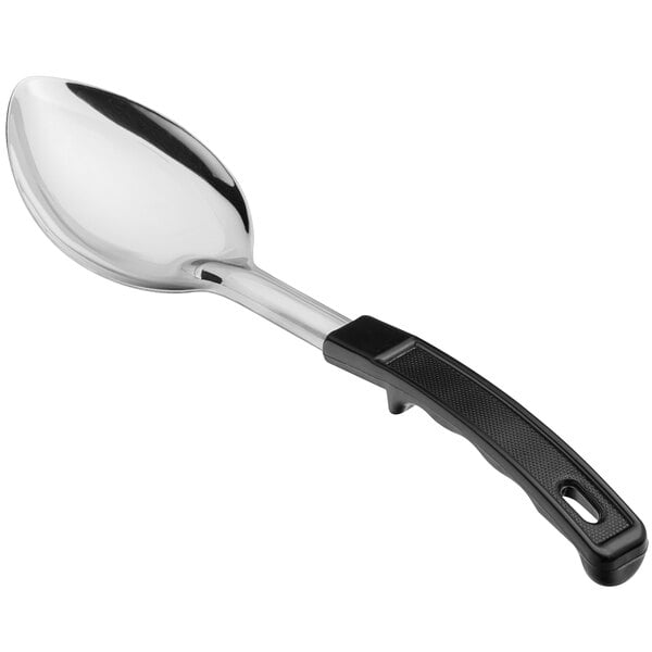 A solid stainless steel basting spoon with a black coated handle.