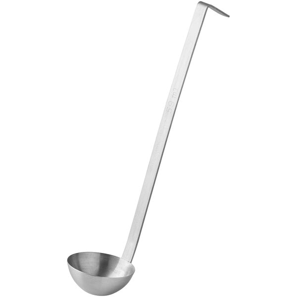 A stainless steel ladle with a long handle and a deep bowl, designed for serving liquids.
