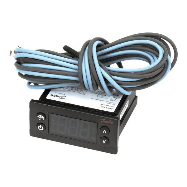 A digital control unit with a display screen and attached wiring, used for temperature regulation in refrigeration equipment.