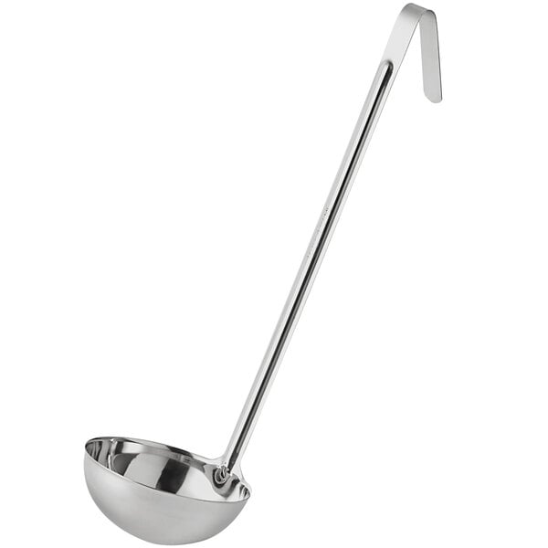 A stainless steel ladle with a deep bowl and a hooked handle, designed for serving liquids.