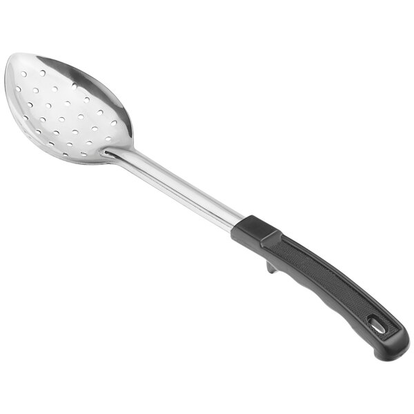 A 13-inch perforated stainless steel basting spoon with a black coated handle.