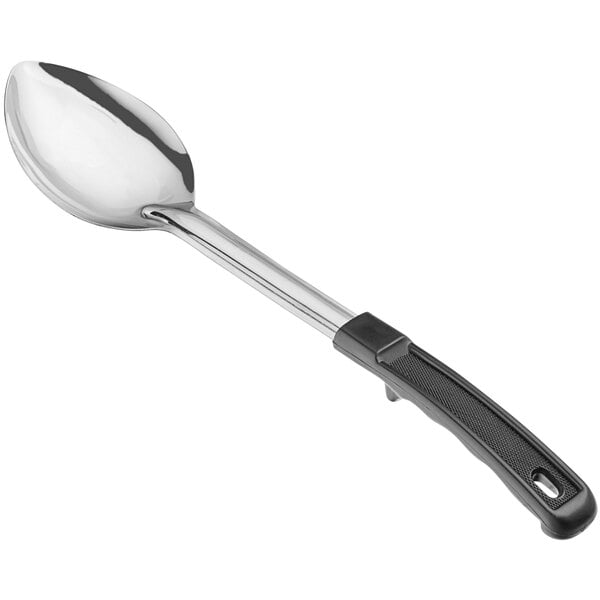 A 13-inch solid stainless steel basting spoon with a black coated handle.