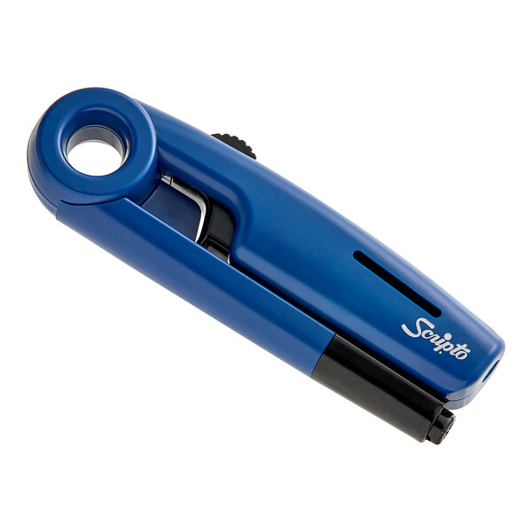 A blue Scripto refillable folding multi-purpose lighter.