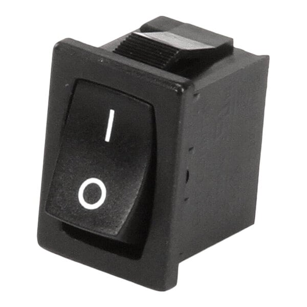 A black rectangular power switch with on and off markings.
