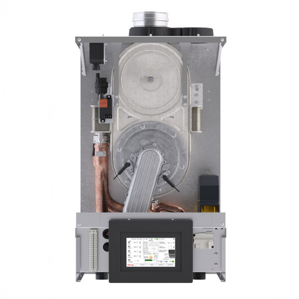 A wall-mounted indoor natural gas boiler with a digital control panel and visible internal components.