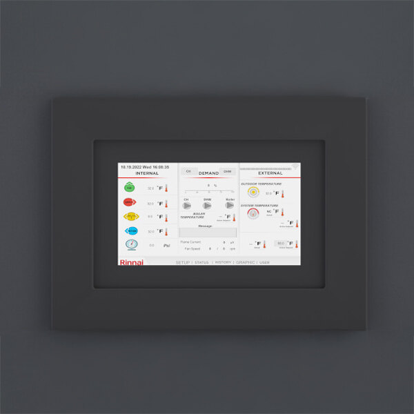 A wall-mounted control panel for a Rinnai RCB Series natural gas indoor heat-only boiler.
