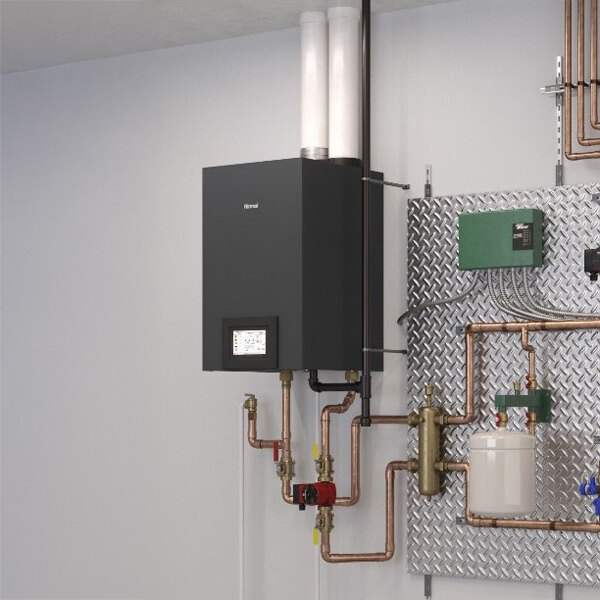 A Rinnai RCB Series RCB399AN natural gas wall-mount indoor heat-only boiler with visible piping and control panel.