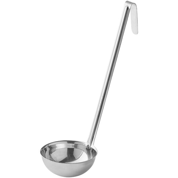 A stainless steel ladle with a deep bowl and a hooked handle, designed for serving liquids.