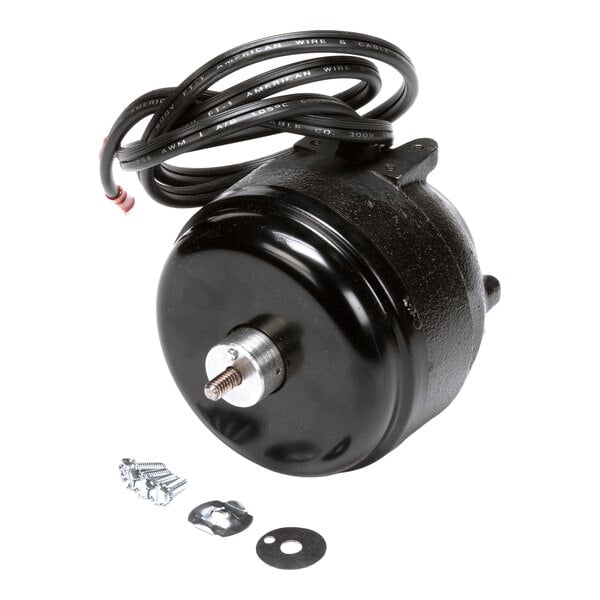 A black Copeland fan motor with attached wires and mounting hardware, used for refrigeration units.