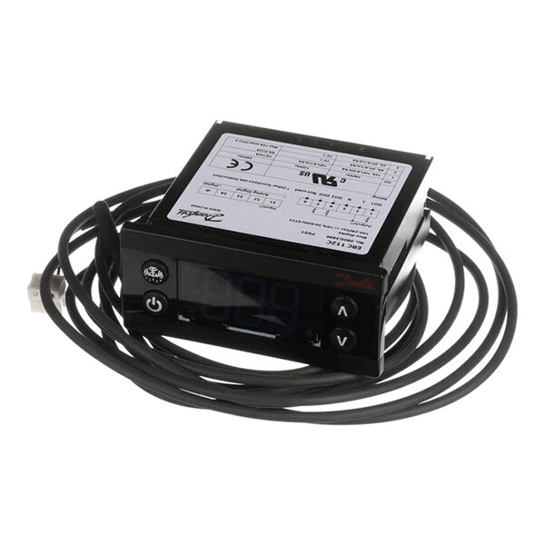 A digital temperature control unit with a display and attached cable.
