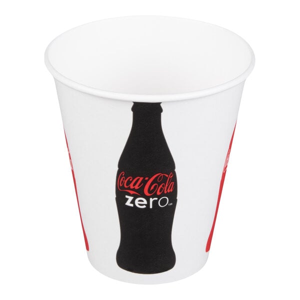 A white 12 oz. poly paper cold cup featuring a Coca-Cola Zero bottle design.