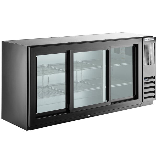 A black underbar height back bar refrigerator with three sliding glass doors and interior shelving.