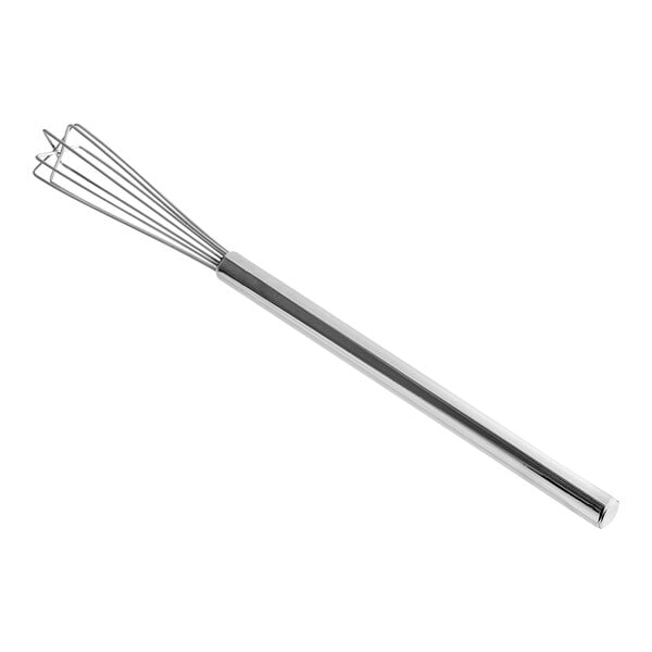 A stainless steel mini whisk with a square tip and a long handle.