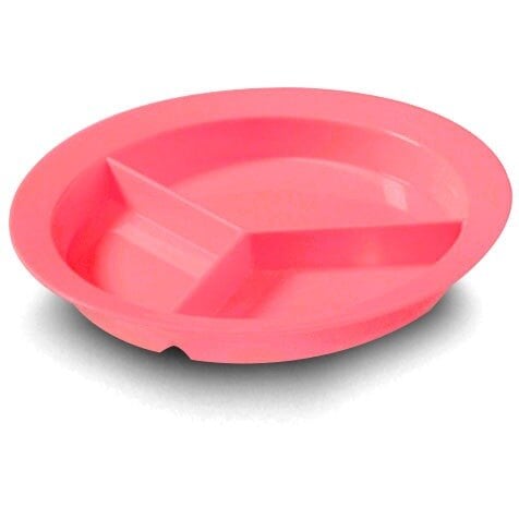 A mauve polycarbonate plate with three compartments.