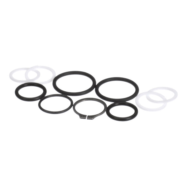 A set of black and white O-rings and a metal clip, part of a Spray Master 300-3826 rebuild kit for a 1/2 inch swivel.