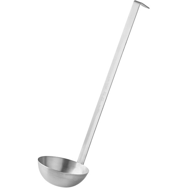 A stainless steel ladle with a long handle and a deep bowl, designed for serving liquids.