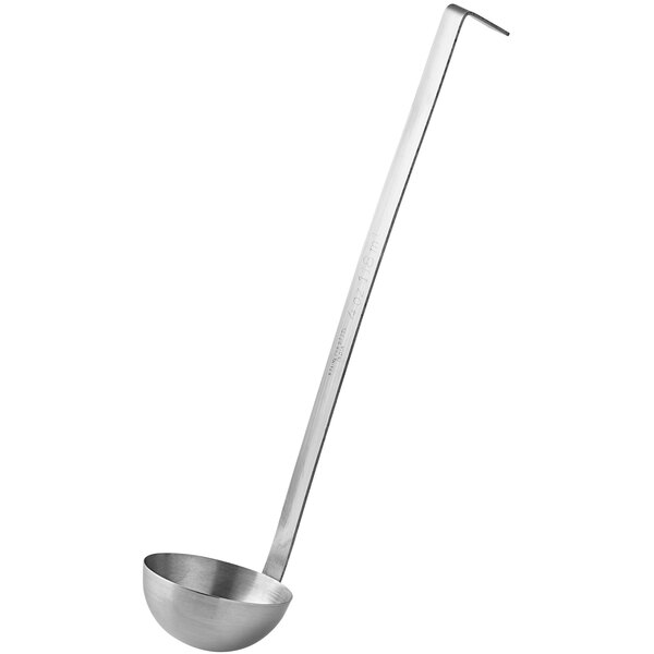 A stainless steel ladle with a long handle and a deep, round bowl.