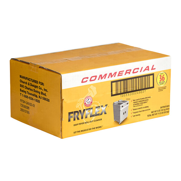 A box of Arm & Hammer FRYFLEX deep fryer boil-out cleaner packets for commercial use.