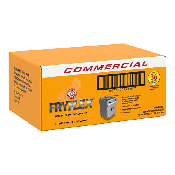 A box of Arm & Hammer FRYFLEX deep fryer boil-out cleaner packets for commercial use.