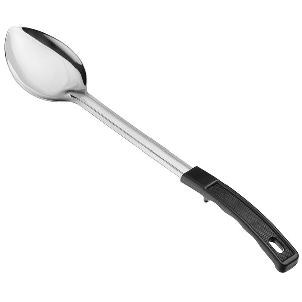 A 15-inch solid stainless steel basting spoon with a black coated handle.