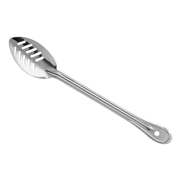 A 15-inch slotted stainless steel basting spoon.