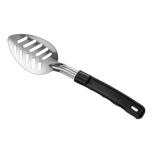 A stainless steel slotted basting spoon with a black coated handle.