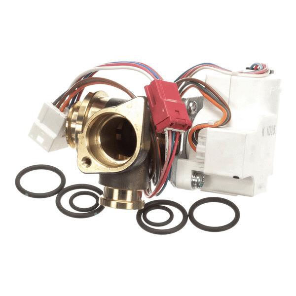 A Rinnai Sensei water heater water flow sensor assembly with attached wiring and several O-rings.
