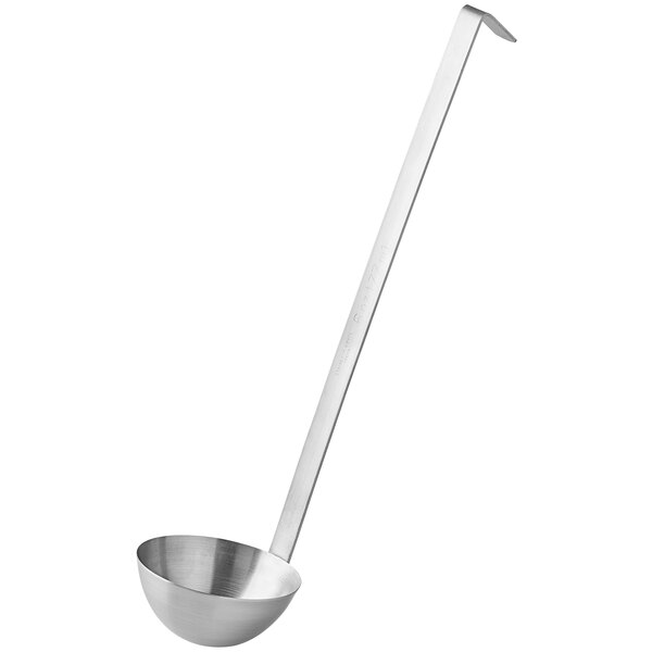 A stainless steel ladle with a long handle and a 6 oz. bowl.