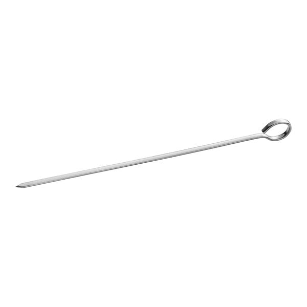 A stainless steel flat skewer with a looped handle.