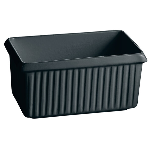 A black rectangular Tablecraft server with a ribbed bottom.