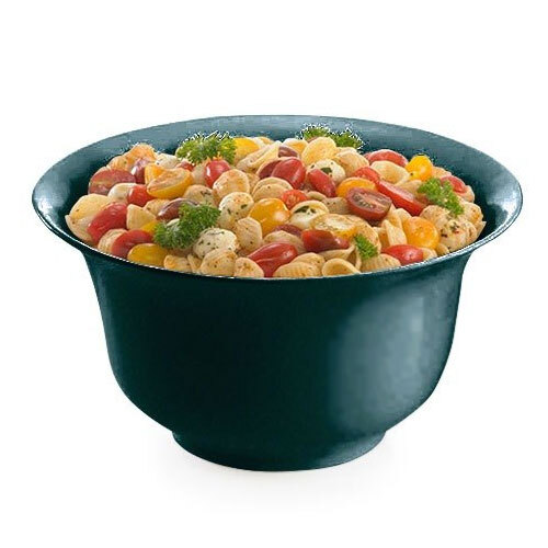 A Tablecraft black cast aluminum tulip salad bowl with green speckles full of pasta with tomatoes and parsley.