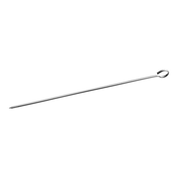A 12-inch stainless steel flat skewer with a looped handle.