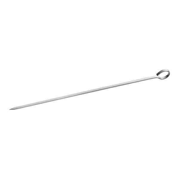 A stainless steel flat skewer with a looped handle.