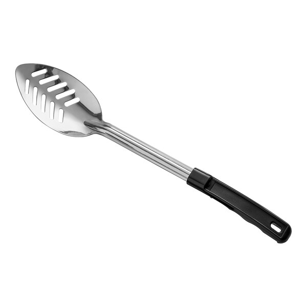A 15-inch slotted stainless steel basting spoon with a black coated handle.