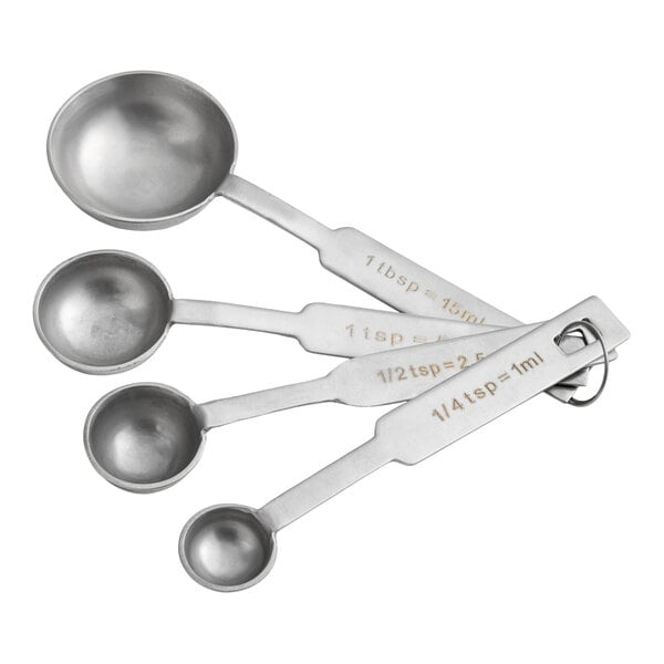A set of four stainless steel measuring spoons of varying sizes, connected by a metal ring.