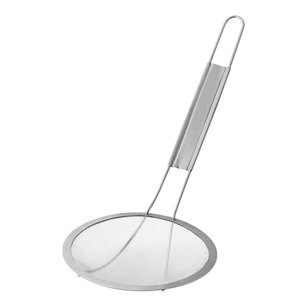 A stainless steel round extra fine mesh skimmer with a long handle.