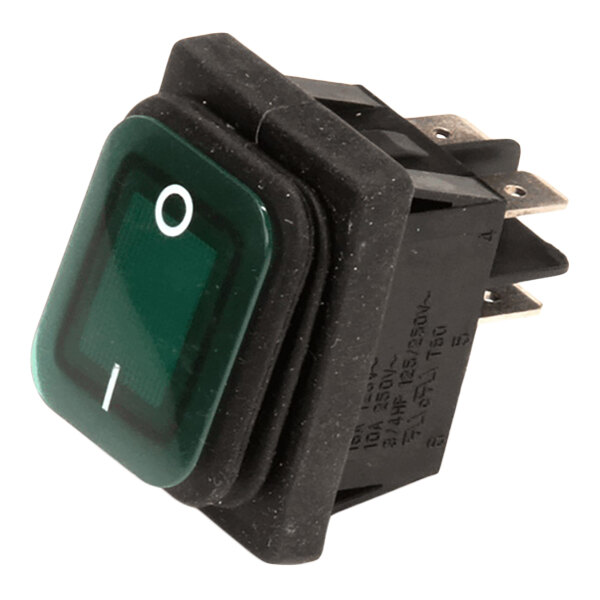 A green rectangular rocker switch with on/off markings and multiple metal terminals for electrical connections.