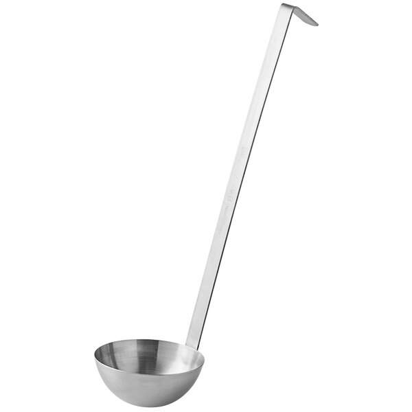 A stainless steel ladle with a long handle and a deep bowl, designed for serving liquids.