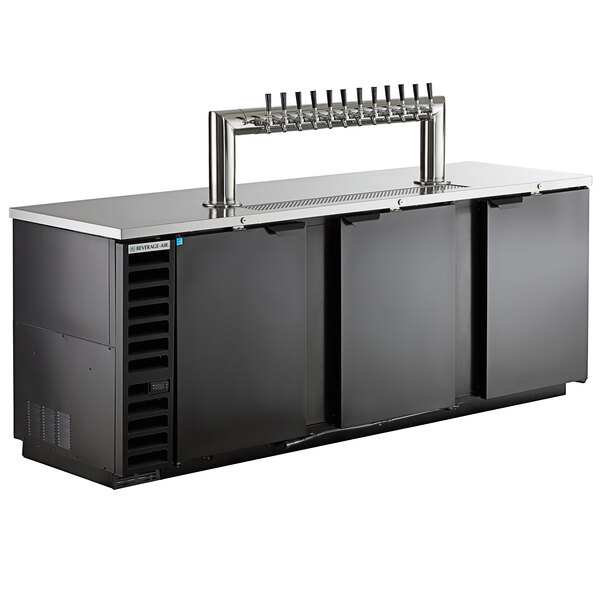A large black kegerator beer dispenser with three doors and a 12-tap stainless steel draft tower.
