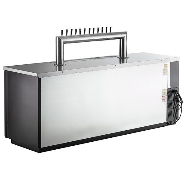 A large black and stainless steel kegerator beer dispenser with twelve taps and a capacity for five half kegs.