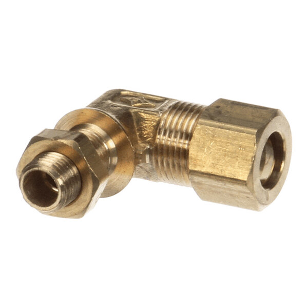 A brass right-angle orifice fitting with threaded ends.