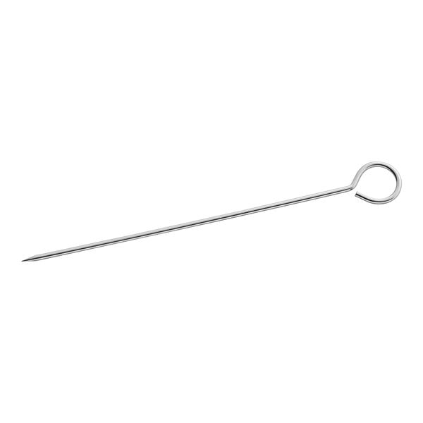 A stainless steel round skewer with a looped handle.