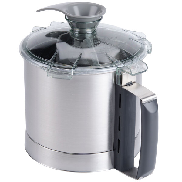 A stainless steel bowl assembly for a Robot Coupe commercial food processor.