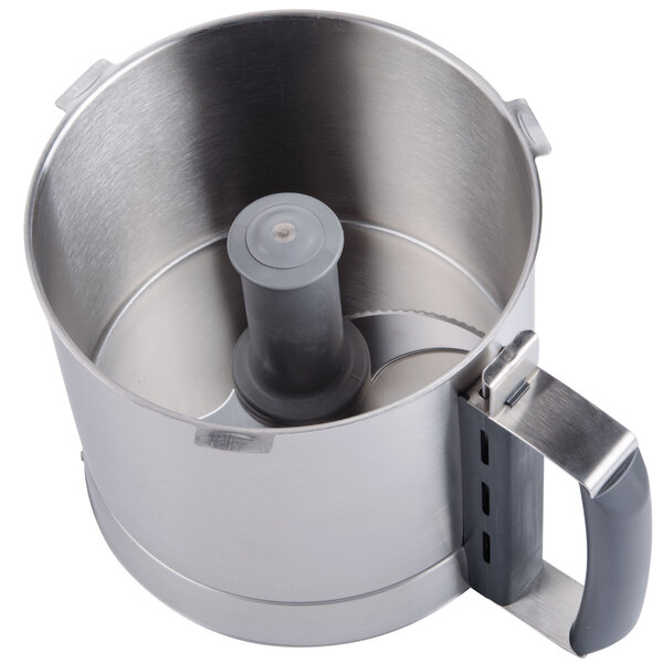 A stainless steel bowl assembly for a Robot Coupe commercial food processor.