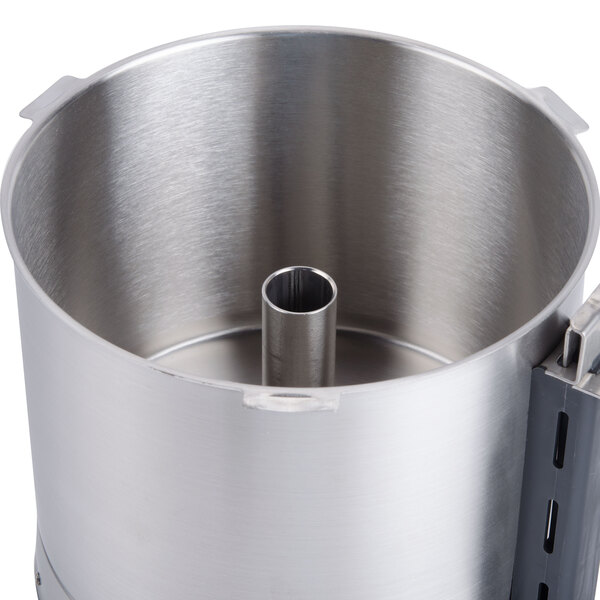 A Robot Coupe stainless steel bowl assembly with a lid.