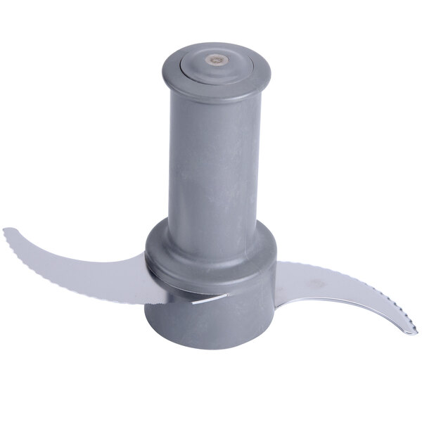 A stainless steel bowl with a grey lid and cylinder.