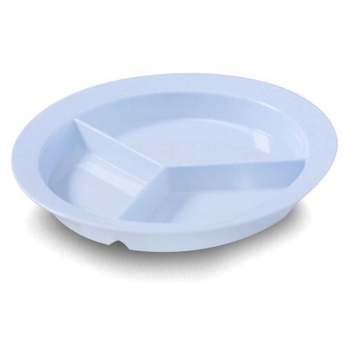 A slate blue SuperMel plate with three deep compartments.