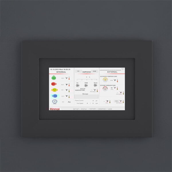 A wall-mounted digital control panel for a Rinnai RCB Series natural gas indoor heat-only boiler.